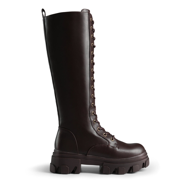 Lace Up Knee High Boots - BROWN PU - 2
